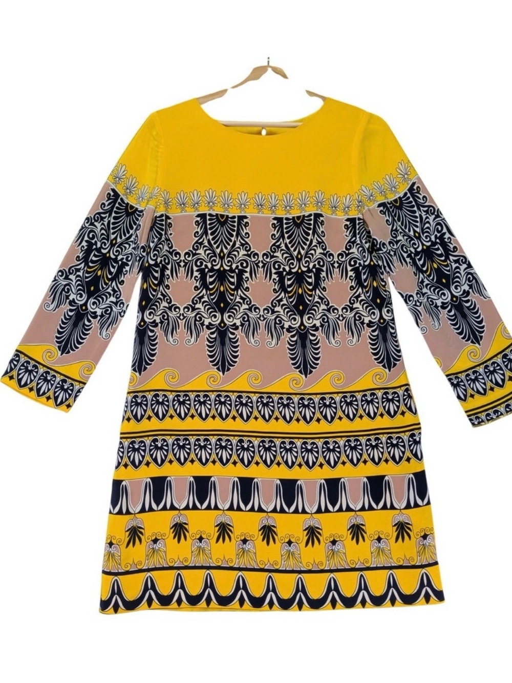 J.Crew Vintage 100% Silk Yellow Black Border Print Shift Dress Size 6